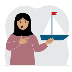 A woman holds a sailing yacht in his hand. Concepts of freedom, hope and big plans. Hobby, sport or business. Vector flat illustration