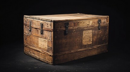 A vintage wooden crate box with old shipping labels and worn paint, isolated on a black background, with dramatic lighting creating deep shadows