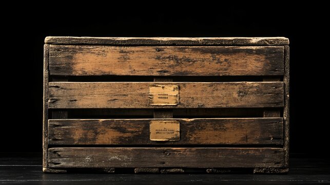 A vintage wooden crate box with old shipping labels and worn paint, isolated on a black background, with dramatic lighting creating deep shadows - Powered by Adobe