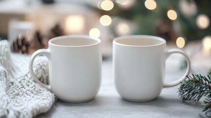 Two white mugs placed on a cozy blanket surrounded by pinecones and holiday decorations in a softly lit winter setting