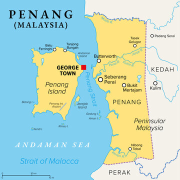 Penang, a state of Malaysia in Southeast Asia, political map. Located on the coast of Peninsular Malaysia along the Strait of Malacca in the Andaman Sea, with capital George Town on Penang Island.