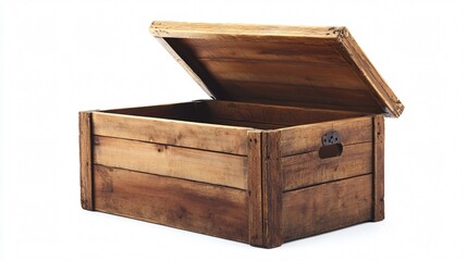 A wooden crate box with a sliding lid, isolated on a light gray background, with the lid partially open to reveal an empty interior