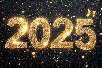 Happy New Year 2025. Glowing glitter text "2025" isolated on black background. with generative ai