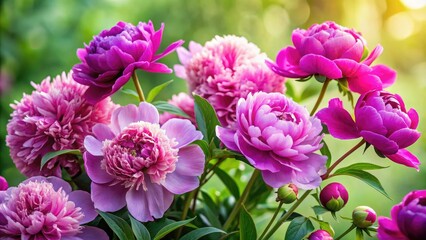 Fototapeta premium Vibrant purple and pink peonies bloom in a lush, gardenscape arrangement, surrounded by lush greenery and delicate petals, against a soft, neutral background.