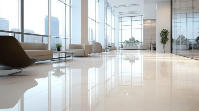 A spacious, modern office lobby with large windows, sleek furniture, and natural light.