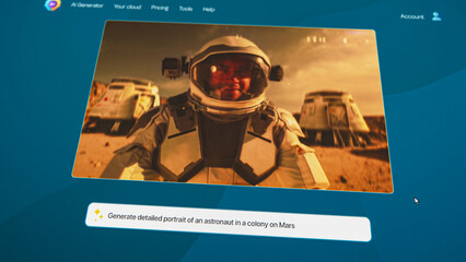 User interface of AI video generator. Artificial intelligence assistant generate detailed high-quality video: Astronaut on Mars colony. Advanced text to video technology. Futuristic generated video.