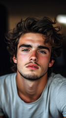 Obraz premium man, emotion, melancholy, handsome, portrait, close-up, dramatic lighting, black and white, monochrome, low key, shadows, contrasting, expressive, intense, powerful