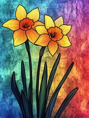 A vivid illustration of a yellow daffodil with detailed petals and leaves, set against a multicolored abstract background.
