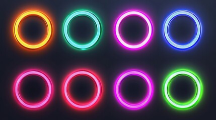 Neon ring lights in bright colors arranged evenly in a grid at night