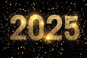 Happy New Year 2025. Glowing glitter text "2025" isolated on black background. with generative ai