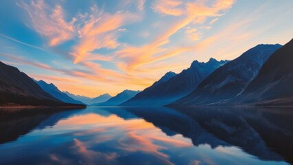 Majestic Twilight Sky Reflected in Calm Lake Amidst Mountains