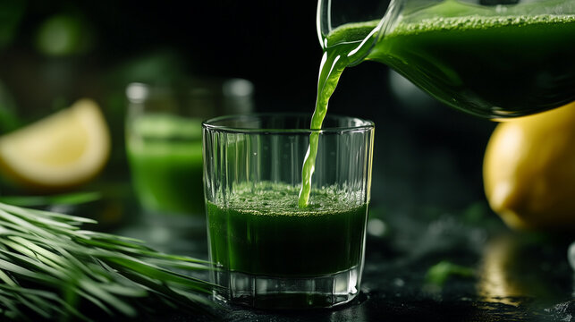 Organic wheatgrass shot brimming with chlorophyll and antioxidants, perfect for a health-conscious boost. Image made using Generative AI.