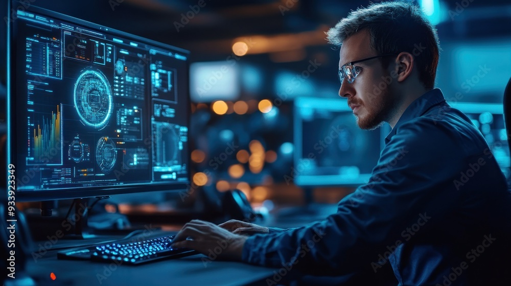 Poster Man with Glasses Working on a Computer with a Blue Interface