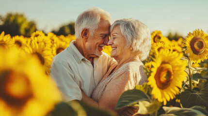 A close-up of an elderly couple smiling warmly, surrounded by sunflowers under a bright sky.