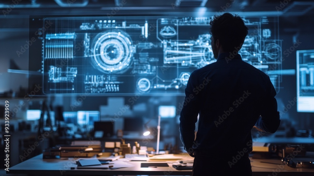 Aufkleber Man in Silhouette Observing Data on a Large Screen