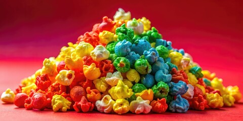 Fototapeta premium Vibrant rainbow-hued popcorn heap sits on a bright red background, individual kernels glistening with freshness, inviting a tasty snack in this playful close-up scene.