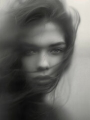 A stunning black and white blurred photograph of a woman's face, set against a backdrop of flowing water.