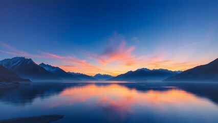 Majestic Twilight Sky Reflected in Calm Lake Amidst Mountains