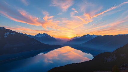 Obraz premium Majestic Twilight Sky Reflected in Calm Lake Amidst Mountains