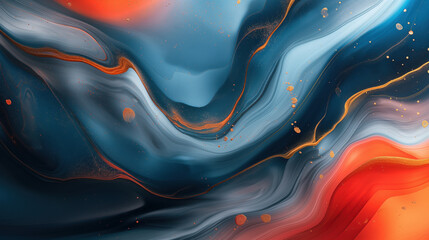 Obraz premium A striking abstract composition with fluid blends of blue, gray, and orange, highlighted with gold, creating a dynamic and energetic visual experience.