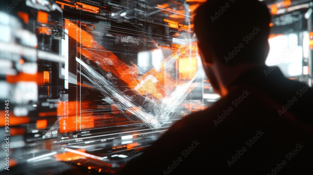 Fototapete Silhouette of a Hacker Analyzing Code on a Computer Screen