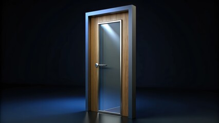 Modern Wooden Door with Glass Panel and Silver Handle in a Dark Room