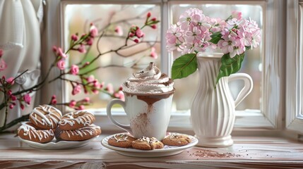 A charming windowsill arrangement featuring a glass vase with spring flowers, a white mug of milk, and a plate with brown cookies, adding a touch of life and sweetness.