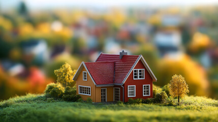 Close-up of a red-roofed miniature house model placed on a grassy hill, with a blurred background of colorful autumn trees and houses.
