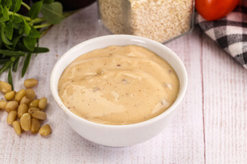 Delicious walnut creamy sauce in the bowl