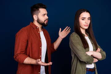 Photo of angry sad bad mood wife husband wear stylish clothes solving problem isolated on dark blue color background