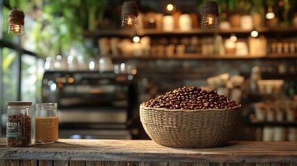 A large bowl filled with coffee beans on a wooden counter in a warm, rustic caf&eacute; setting, featuring jars and soft lighting.