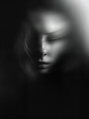 Obraz premium A close-up of a woman's face, blurred in motion. Her eyes are closed, and she appears to be in a state of gentle movement.