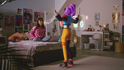 Teenage girl talks to 3D animated avatar in cyberspace AI chat sitting on bed with laptop at home....