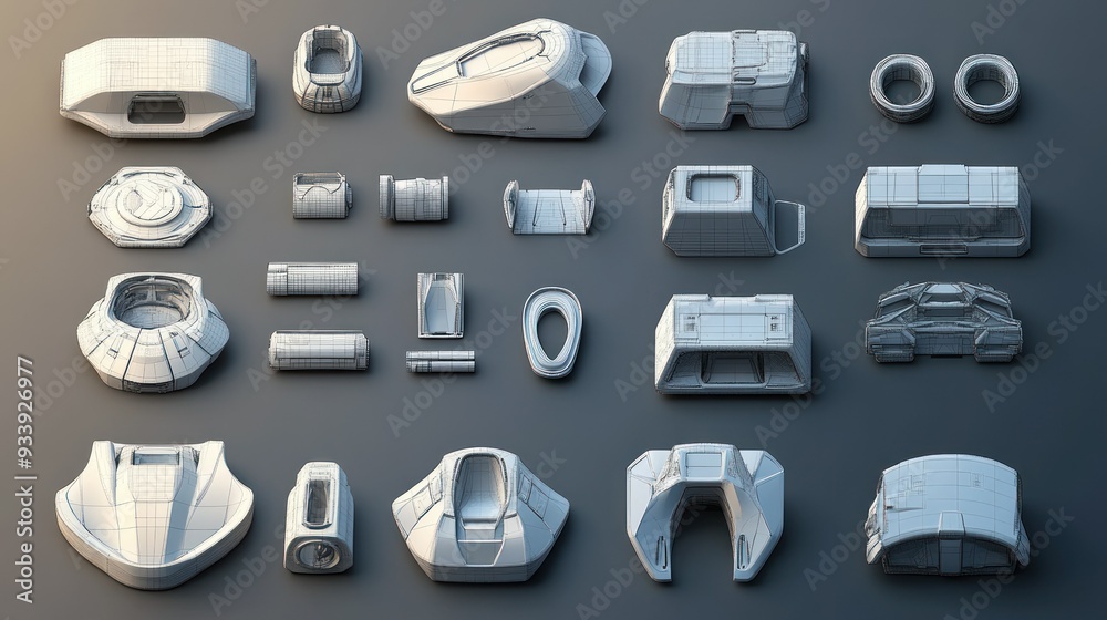 Poster Wireframe Models of Futuristic Vehicles and Structures