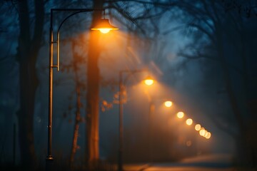 Enchanted Evening: A Foggy Pathway Illuminated by Street Lamps