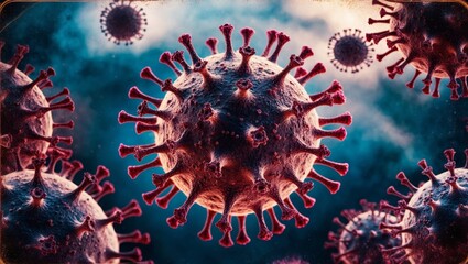 Virus particles are highlighted under a microscope, revealing intricate features