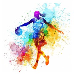 Fototapeta premium watercolor painting of a basketball player, with vibrant splashes of color highlighting the athleticism and movement against a white backdrop.