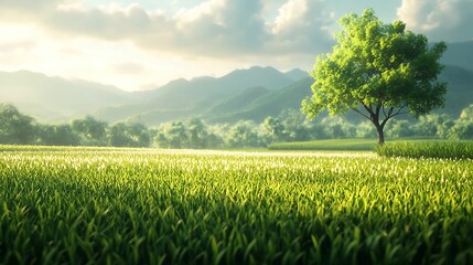 A tranquil landscape featuring a solitary tree standing in a sunlit field, surrounded by lush greenery with distant mountains in the background.