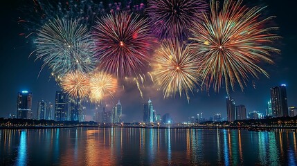 Fototapeta premium A stunning display of colorful fireworks lighting up the night sky above a city skyline, with reflections shimmering on the water below.