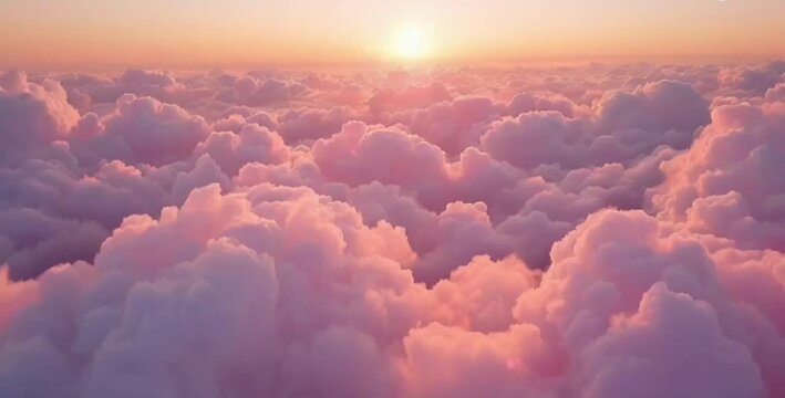 Pink clouds passing by softly in a fantasy sky,Animated pink clouds. Camera moving through pink clouds stops for a while and moving again to pink world
