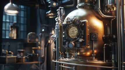 A Close-Up of a Steampunk-Style Machine with Glowing Gauges