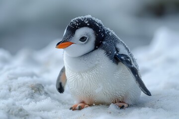 Fototapeta premium a penguin plush toy is illuminated by golden bokeh lights. The gentle snowfall and the soft fabric of the toy create a magical and festive feeling.