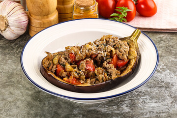 Baked eggplant stuffed meat and tomato
