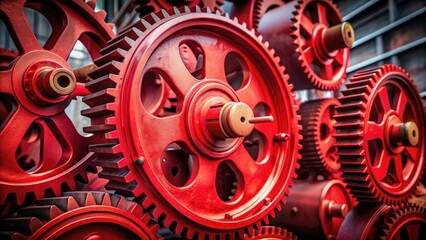 Vibrant red industrial gearwheel with metallic sheen, intricate mechanisms, and bold bolts, set against a muted background, evoking themes of machinery and precision.