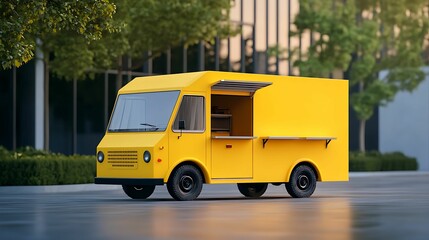 Obraz premium A bright yellow food truck parked in a serene urban park, ready to serve, combining modern street food culture with a green city environment.