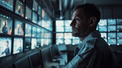 A security professional monitors multiple surveillance screens in a dimly lit control room, focused on ensuring safety and maintaining vigilance in a high-tech environment.