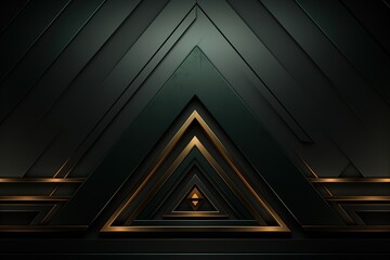 Obraz premium Abstract geometric background with gold triangles and dark green panels.