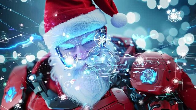 Santa claus wearing a vr headset and interacting with a digital interface with christmas icons, preparing for christmas eve