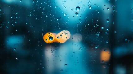 Fototapeta premium Raindrops on a window with city street lights in the background, bokeh effect. Moody and serene weather concept