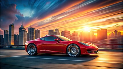 Obraz premium Vibrant red sports car zooms past, wheels spinning, creating dynamic motion blur against a blurred cityscape background at dusk with soft focus.